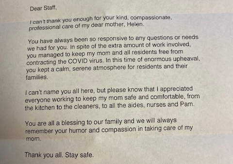 Letter of gratitude from a family member of a Lilydale Senior Living resident.